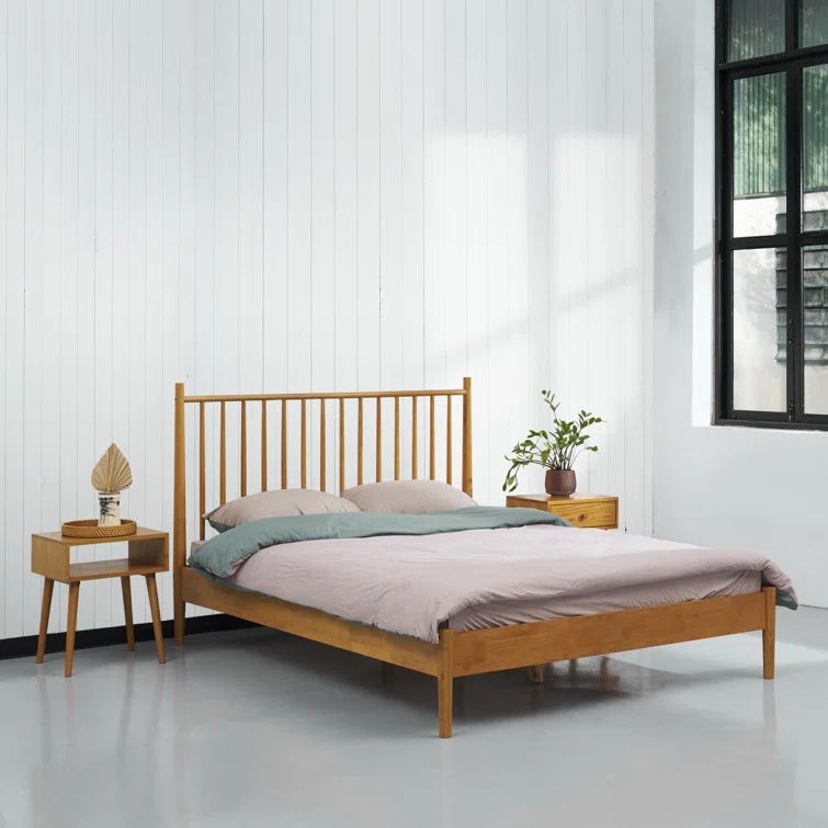 Rustic Oak Queen Bed Frame with Spindle Headboard and Silent Slats