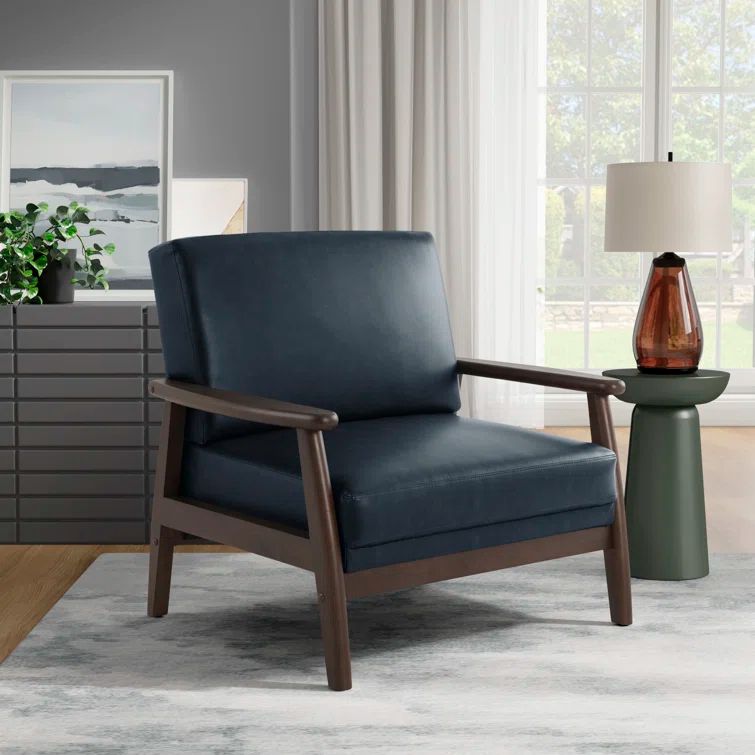 Navy Blue Faux Leather Barrel Accent Chair with Wood Frame