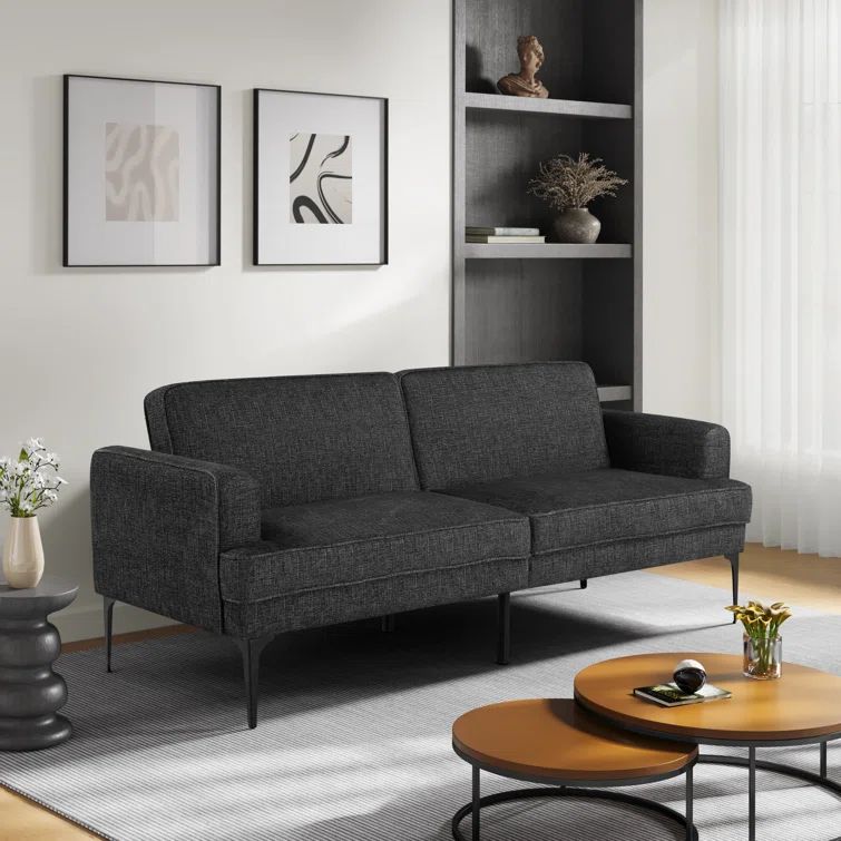 Black Twin Size Fabric Convertible Sleeper Sofa with Track Arms