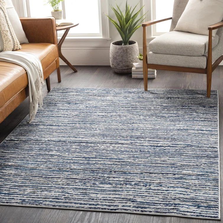 Navy and Light Gray Striped Synthetic Square Area Rug