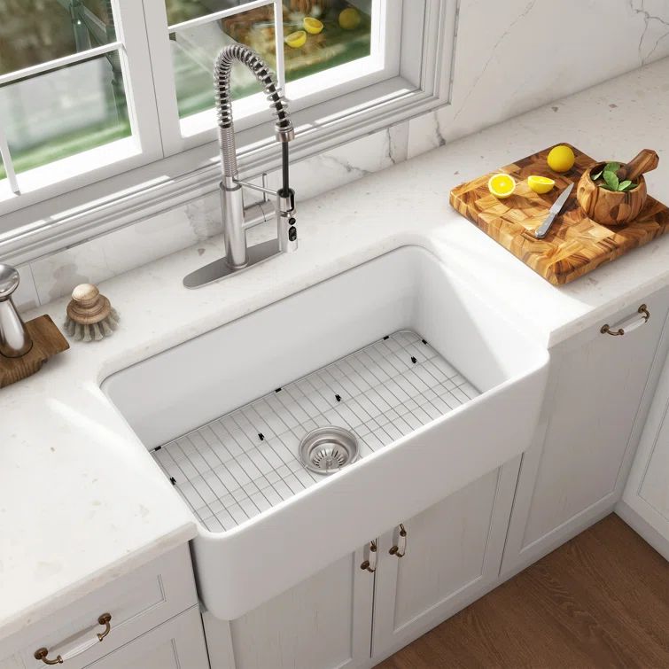White Fireclay Single Bowl Farmhouse Kitchen Sink with Brushed Nickel Faucet