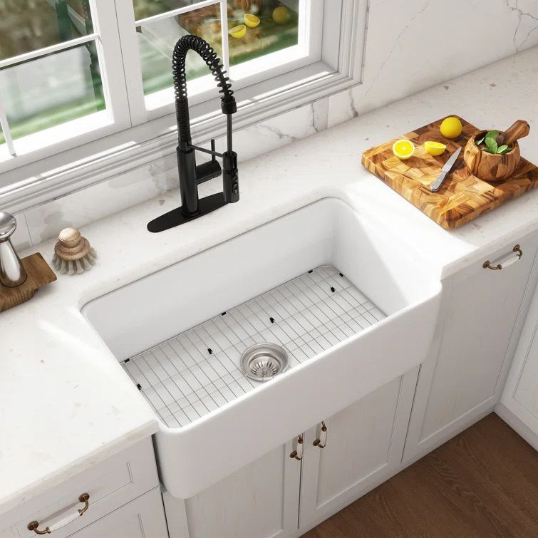 White Fireclay Farmhouse Kitchen Sink with Matte Black Faucet