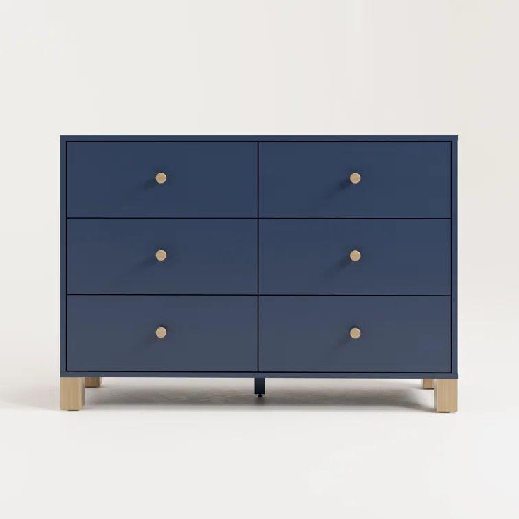 Midnight Blue and Driftwood Pine Double Dresser with Six Drawers