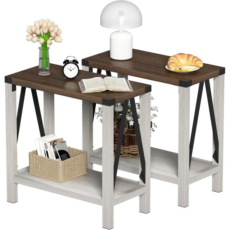 White and Brown Farmhouse Rectangular End Table Set with Storage Shelf
