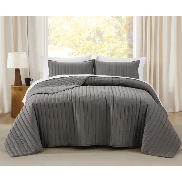 Gray Full Cotton Percale Quilt Set with Polyfill