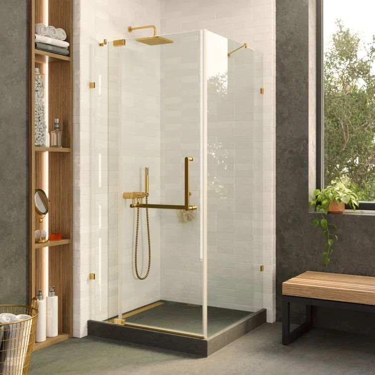 Satin Brass Frameless Corner Shower Enclosure with Tempered Glass