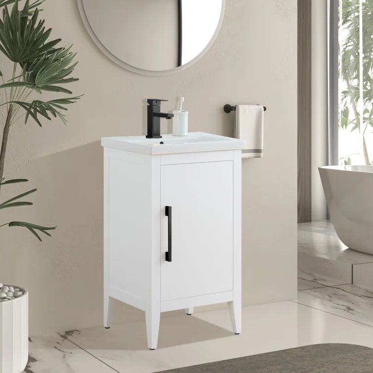 White and Matte Black Single Bathroom Vanity with Ceramic Top