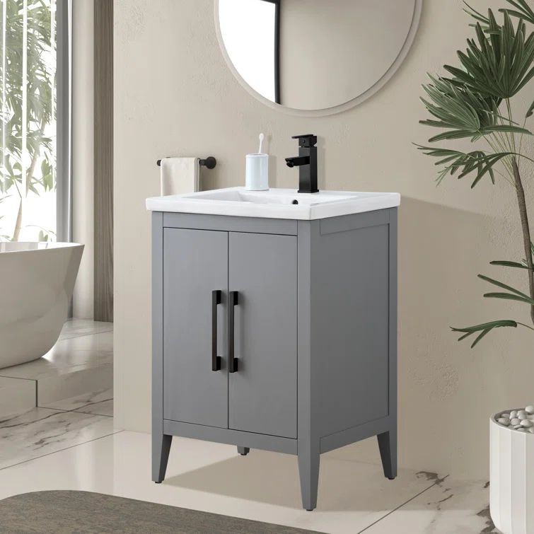 24" Cashmere Gray Poplar Wood Single Sink Bathroom Vanity with Ceramic Top