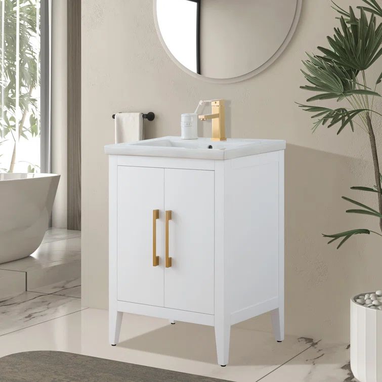 24" White Single Sink Bathroom Vanity with Gold Hardware
