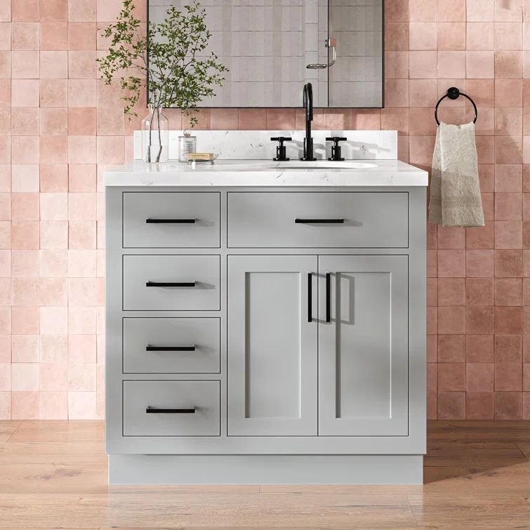 Gray Wood Single Sink Freestanding Vanity with Carrara Quartz Top