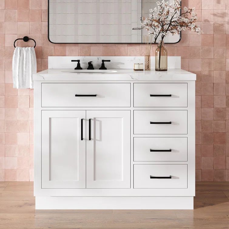 Hokku Designs Thornaby 42'' Solid Wood Single Bathroom Vanity with 1.5'' Carrara Quartz Top, Left Offset Oval Sink
