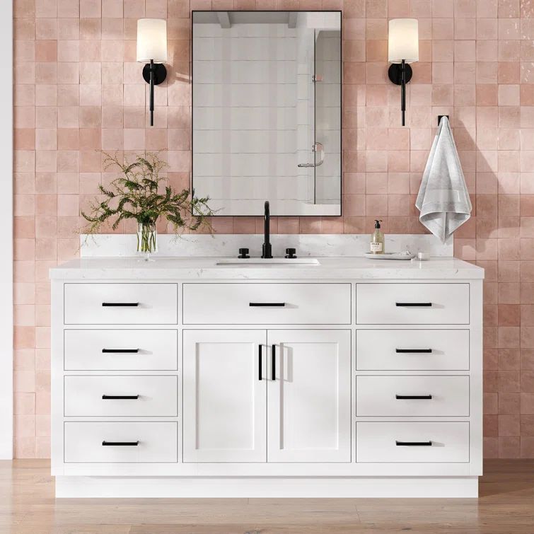 White Hardwood Single Bathroom Vanity with Carrara Quartz Top