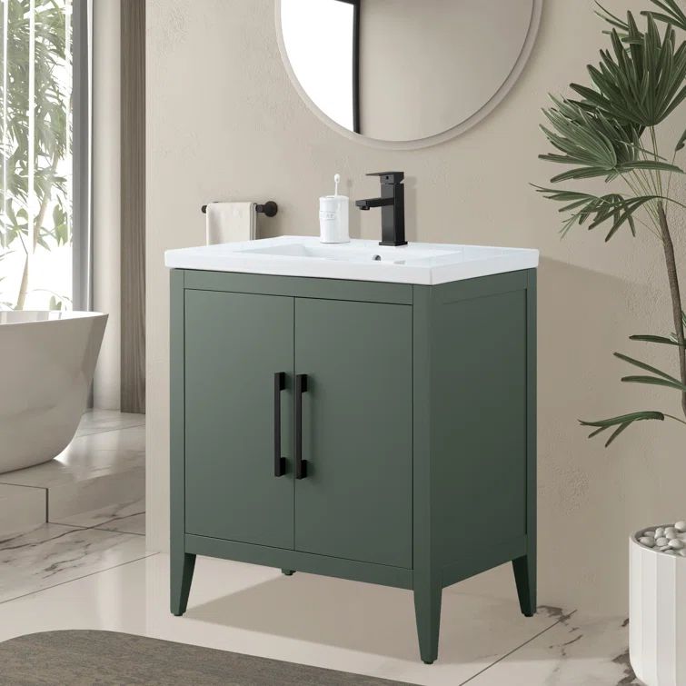 30" Vintage Green Single Sink Bathroom Vanity with Ceramic Top