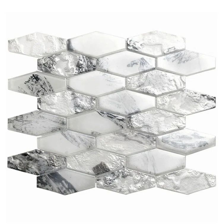 White and Silver Elongated Hex Glass Mosaic Tile