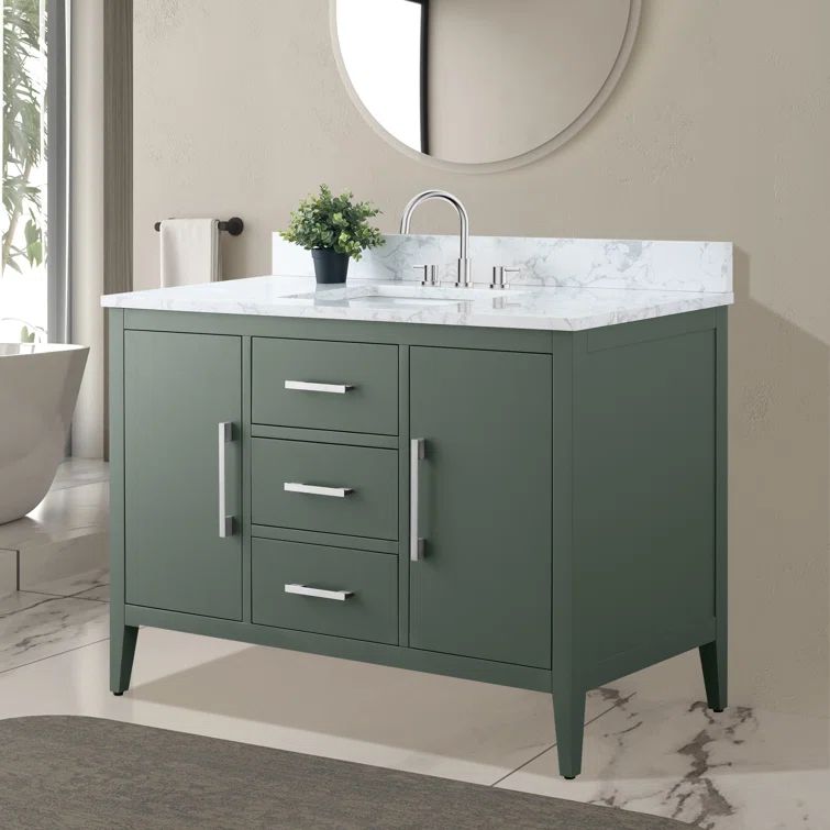 48" Vintage Green MDF Single Sink Bathroom Vanity with White Engineered Marble Top