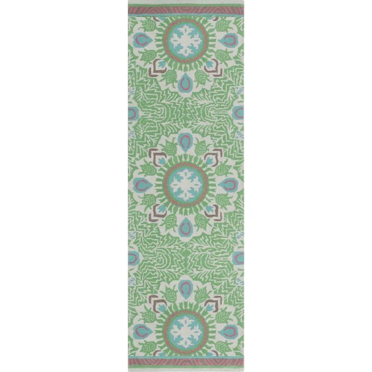 Hand-Tufted Green and Pink Wool Runner Rug