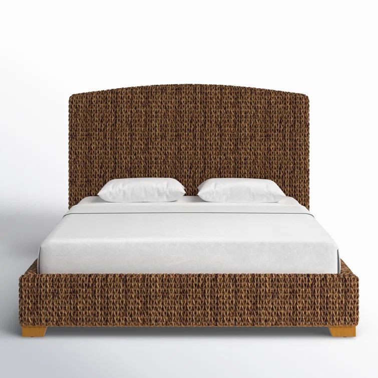 Rustic Cocoa Brown Woven Banana Leaf King Bed with Nailhead Trim