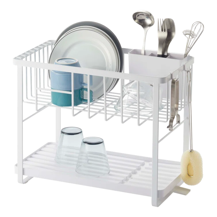 White Two-Tier Metal Dish Rack with Utensil Holder