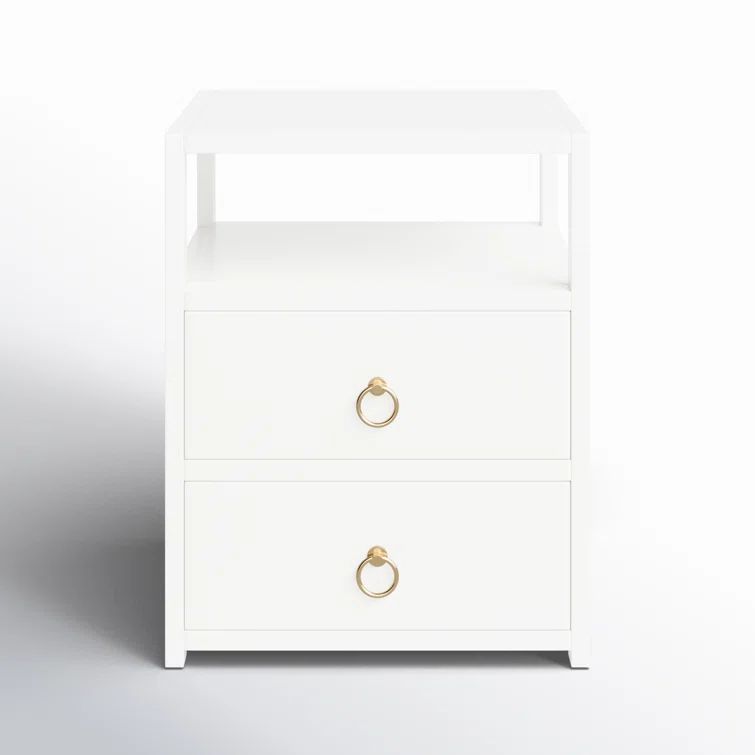 Luxe Minimalist White Acacia 2-Drawer Nightstand with Open Shelf