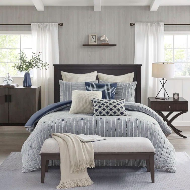 Blue Cotton Queen Comforter Set with Decorative Pillows