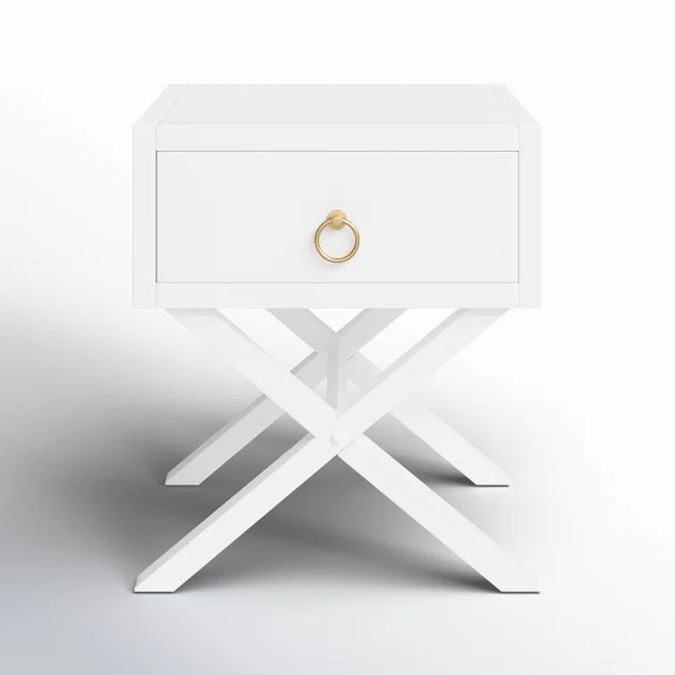 Elin Fresh White and Gold Metallic 1-Drawer Nightstand with X-Design Legs