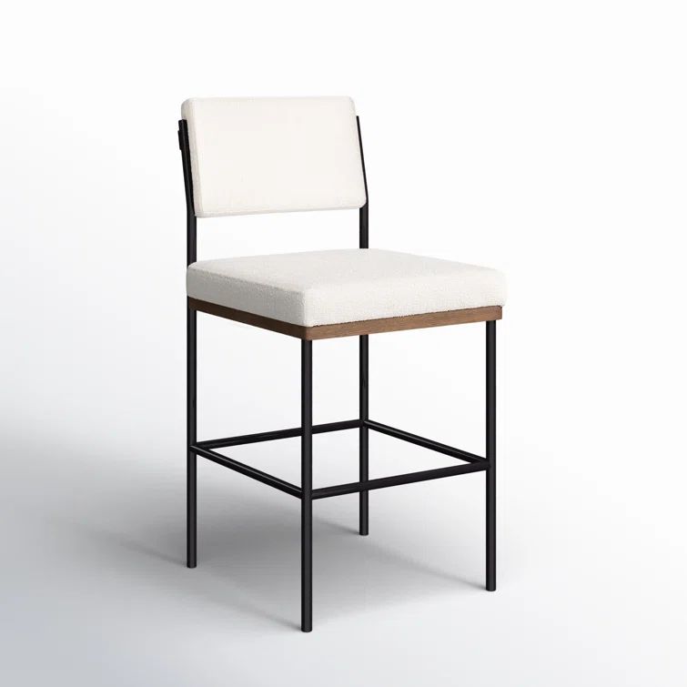 White Oak and Black Metal Bar Stool with Upholstered Seat