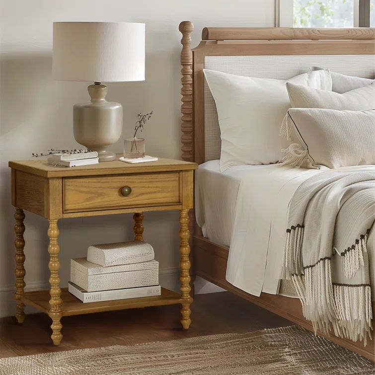 Natural Oak 1-Drawer Solid Wood Nightstand with Turned Legs