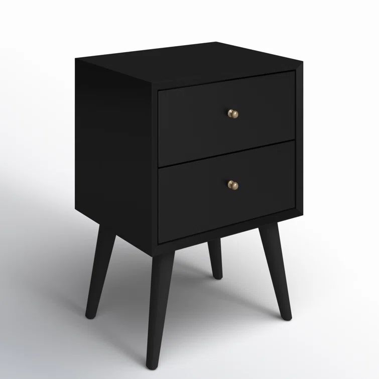 Flynn Black Transitional Mid-Century 2-Drawer Nightstand