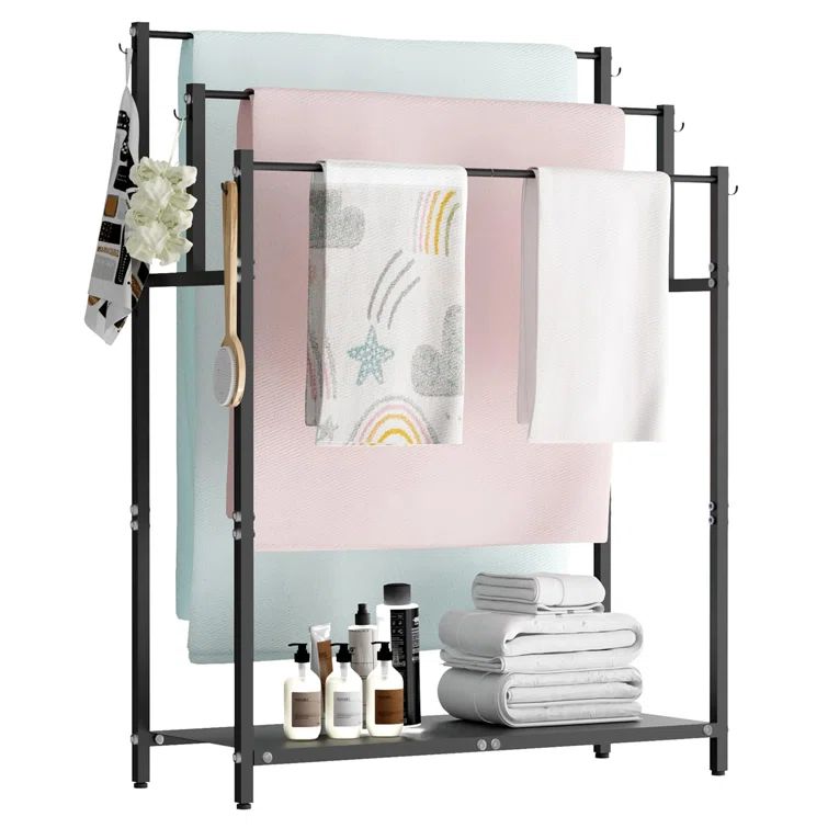 44" Black Freestanding Towel Rack with 6 Hooks and Shelf