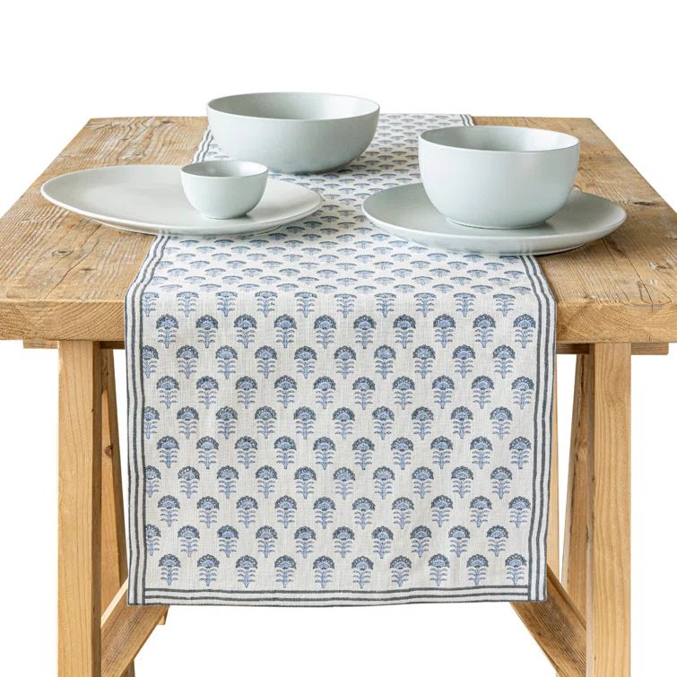 Hand-Blocked Blue Flower Cotton Table Runner, 18" x 108"