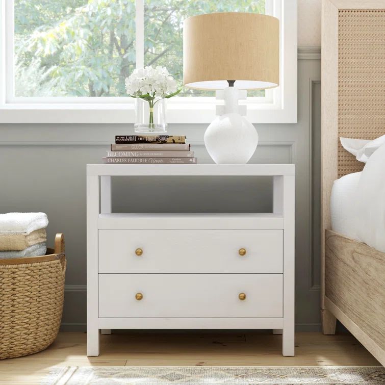 Textured White Acacia Wood 2-Drawer Nightstand with Open Shelf