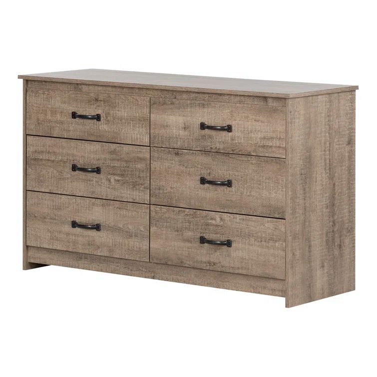 Weathered Oak Farmhouse Double Dresser with Six Drawers