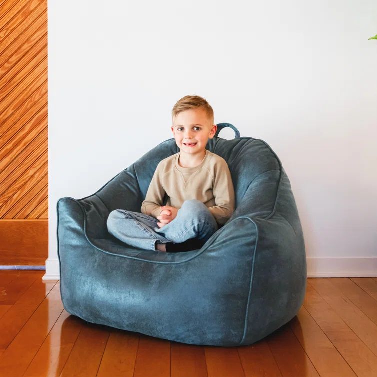 Basalt Blue Vegan Suede Bean Bag Chair with Handle