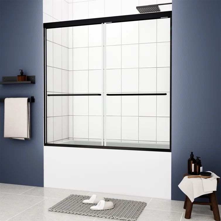 Matte Black Finish Sliding Bathtub Shower Door with Tempered Glass