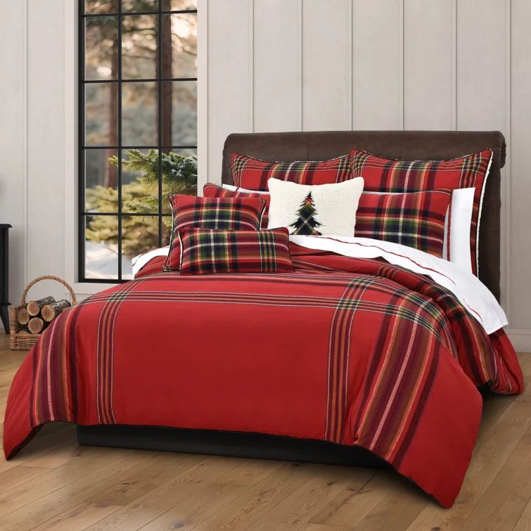 Asher Red Cotton King/Cal King Plaid Duvet Cover Set