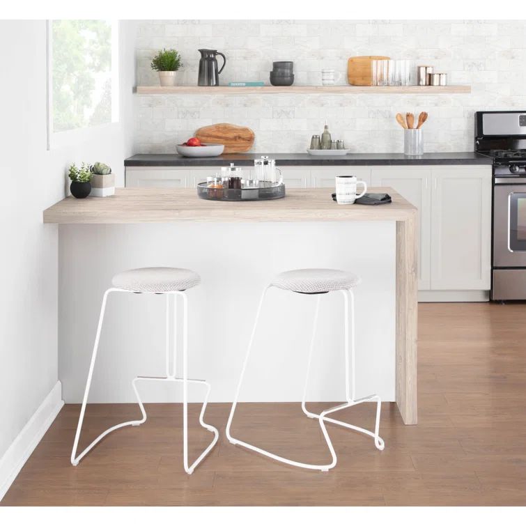 Finn White Steel and Light Grey Fabric Contemporary Counter Stools, Set of 2