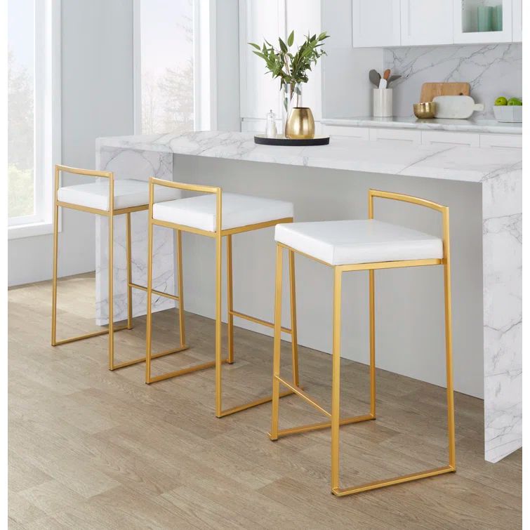 Fuji White Faux Leather and Gold Metal Stackable Counter Stool