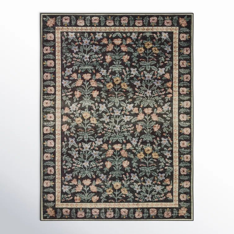 Mughal Garden Black Floral Synthetic Rectangular Area Rug 8'-6" x 11'-6"