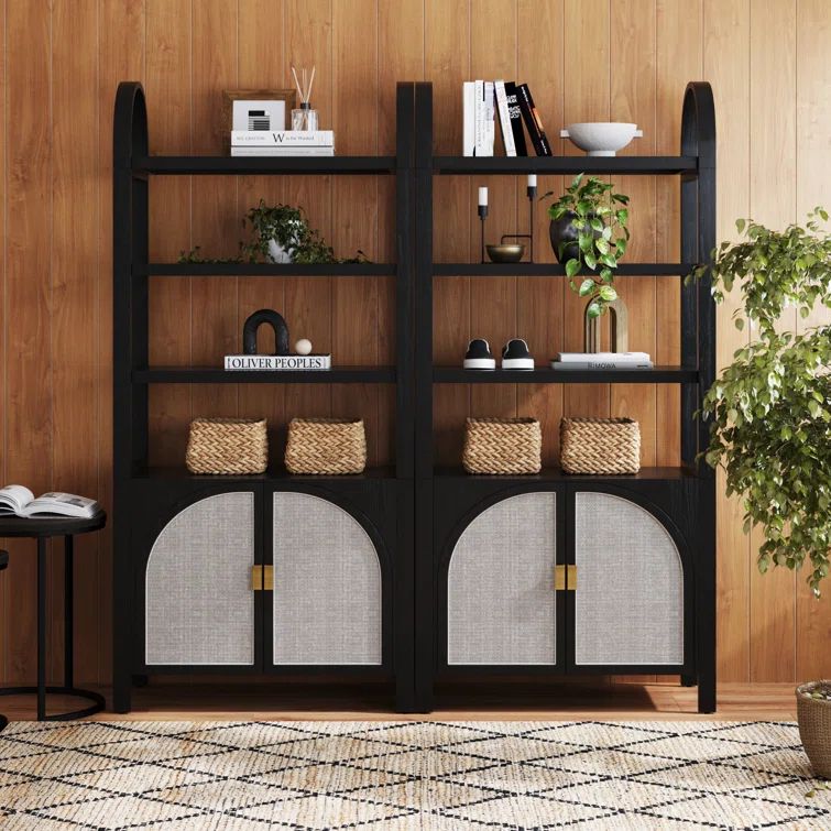 Black Oak 3-Shelf Bookshelf Cabinet with Faux Rattan Doors