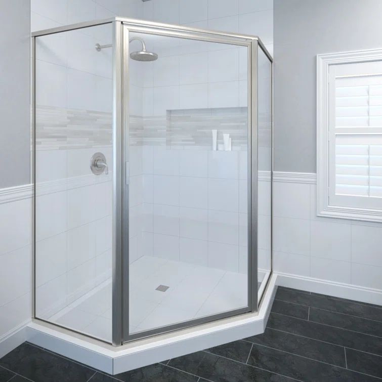 Deluxe Brushed Nickel Framed Neo-Angle Hinged Shower Door