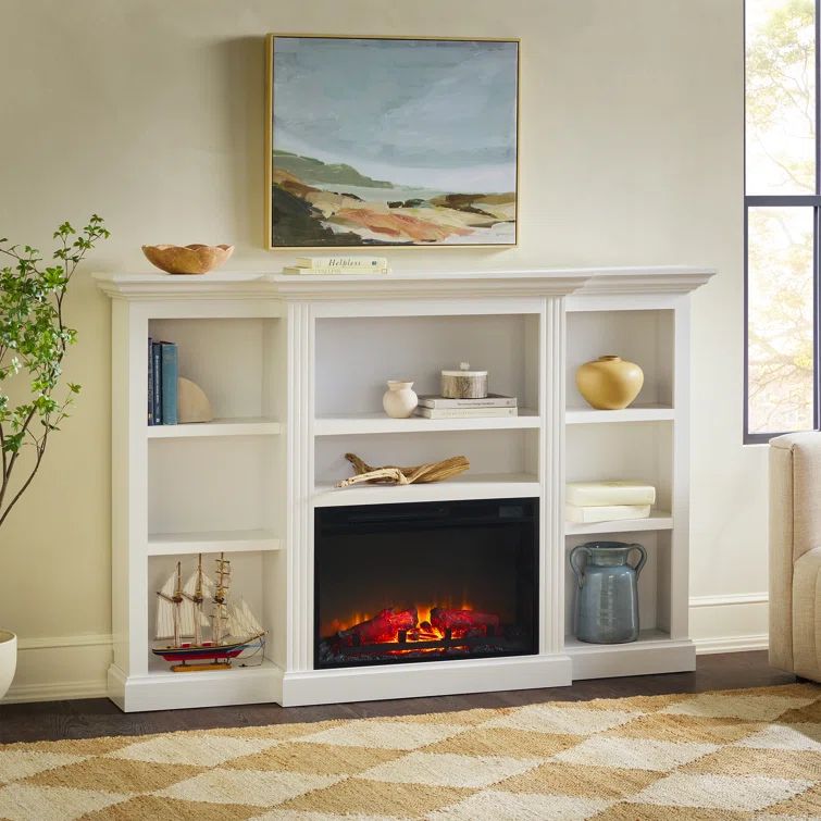 Traditional 70" White Wood Mantel Fireplace with Shelves