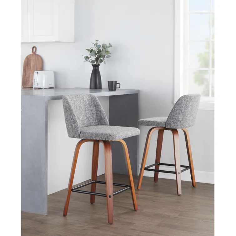 Walnut & Gray Mid-Century Modern Swivel Counter Stool, Set of 2