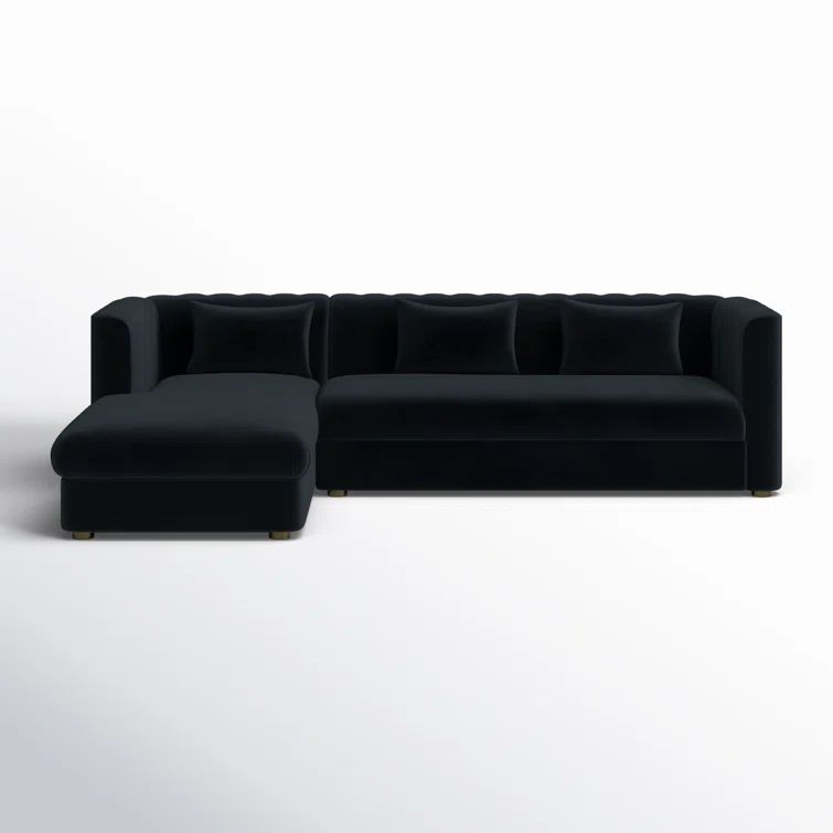 Callie Black Velvet Scalloped Tufted L-Sectional with Pine Frame