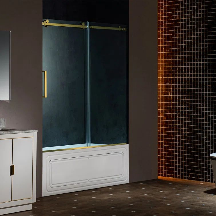 Brushed Gold Frameless Sliding Shower Door with Clear Tempered Glass