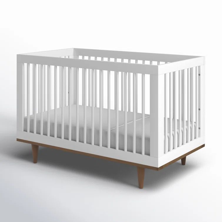 White and Walnut Mid-Century Modern Convertible Crib
