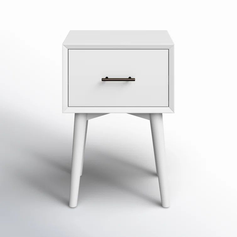 White Mid-Century Modern Solid Wood End Table with Storage