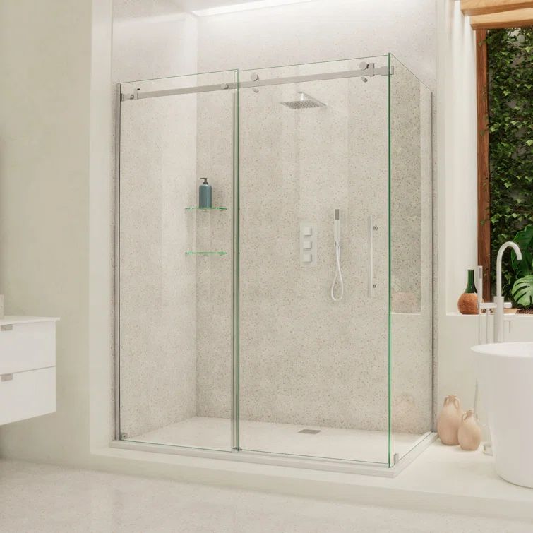 Enigma Air 60" Frameless Sliding Shower Enclosure in Polished Stainless Steel