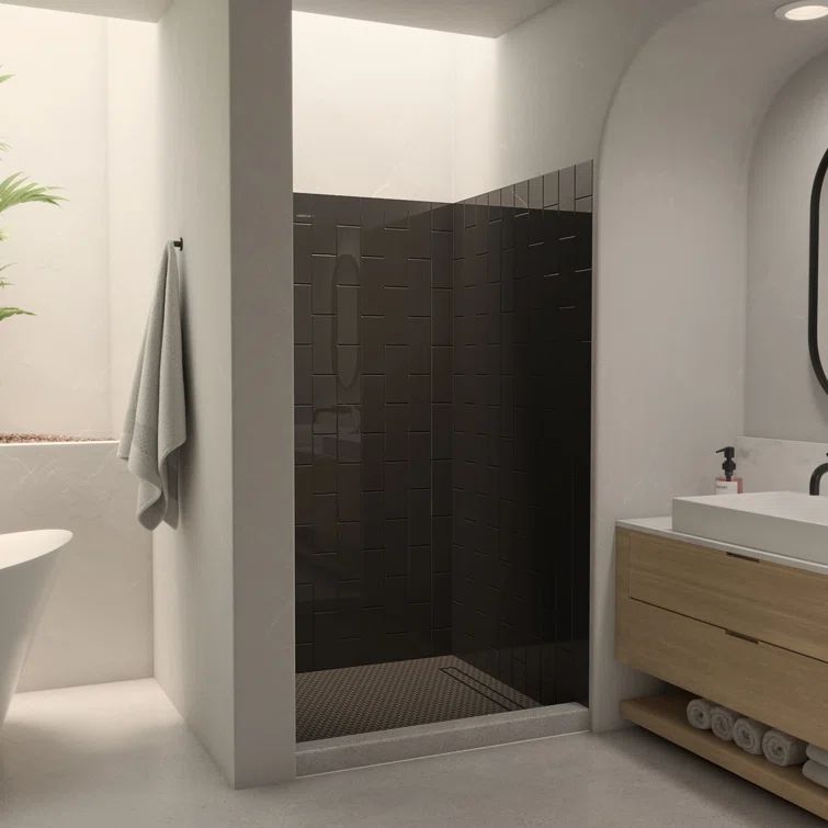 Black Acrylic Corner Backwall Shower Kit with Vertical Subway Pattern
