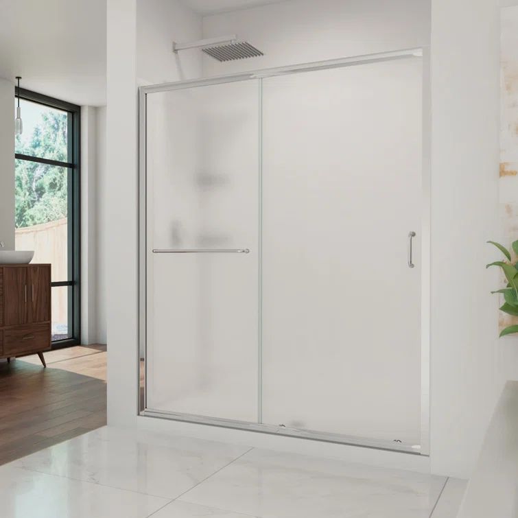 60" x 76.75" Frosted Glass Frameless Sliding Shower Kit with Brushed Nickel Hardware