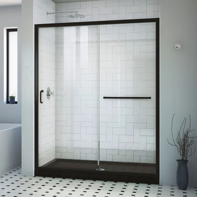 Infinity-Z Matte Black Semi-Frameless Sliding Shower Kit with Clear Glass